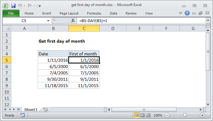 excel formula to get first of the month